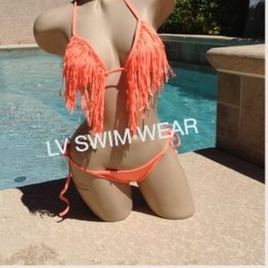 neon orange scrunch butt fringe tassel bikini